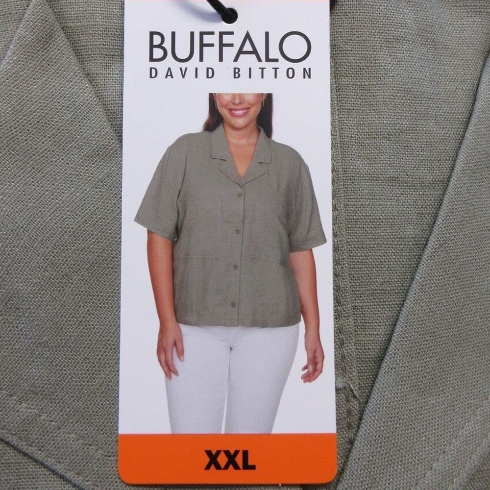BUFFALO DAVID BITTON Linen Blend‎ Shirt XXL Olive Green Boxy Top Blouse 2XL NWT